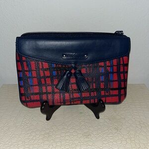 Vera Bradley Tasseled Wristlet Clutch Navy Red Art Plaid Faux Leather Zip Close